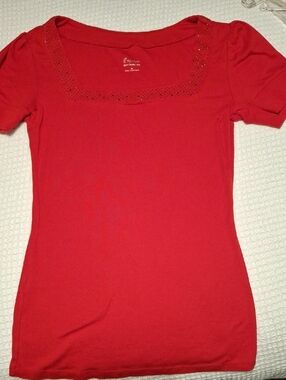 Express Red Square Neck Short Sleeve Tee with Eyelet Trim